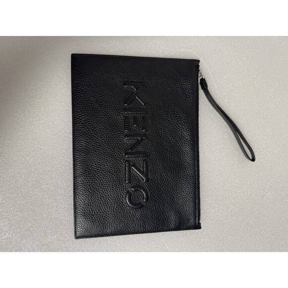 Kenzo Pouch Bag Leather Clutch Wristlet Zip Case Travel Unisex Embossed Black - Picture 2 of 11